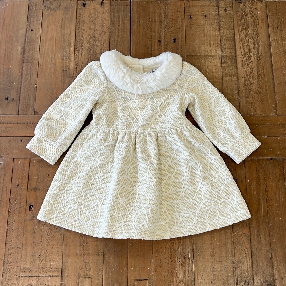 Janie and jack metallic floral cream faux fur collar dress